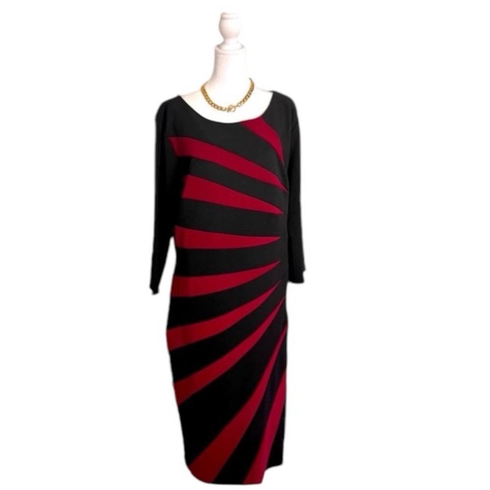 Ashley Stewart Black Burgundy Stretch Midi Dress 22/24W NWT